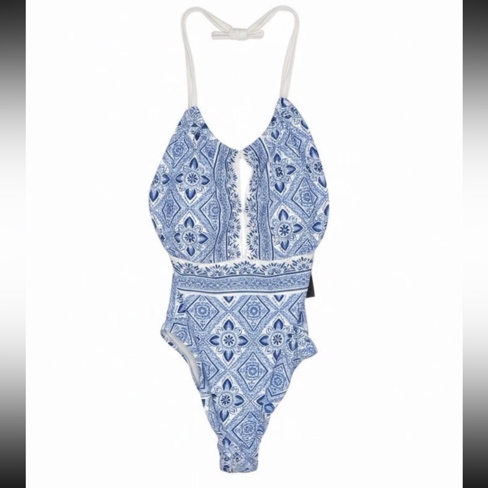 La Blanca Mediterranean Breeze 1 Piece Swimsuit Size 16 Blue & White B0061